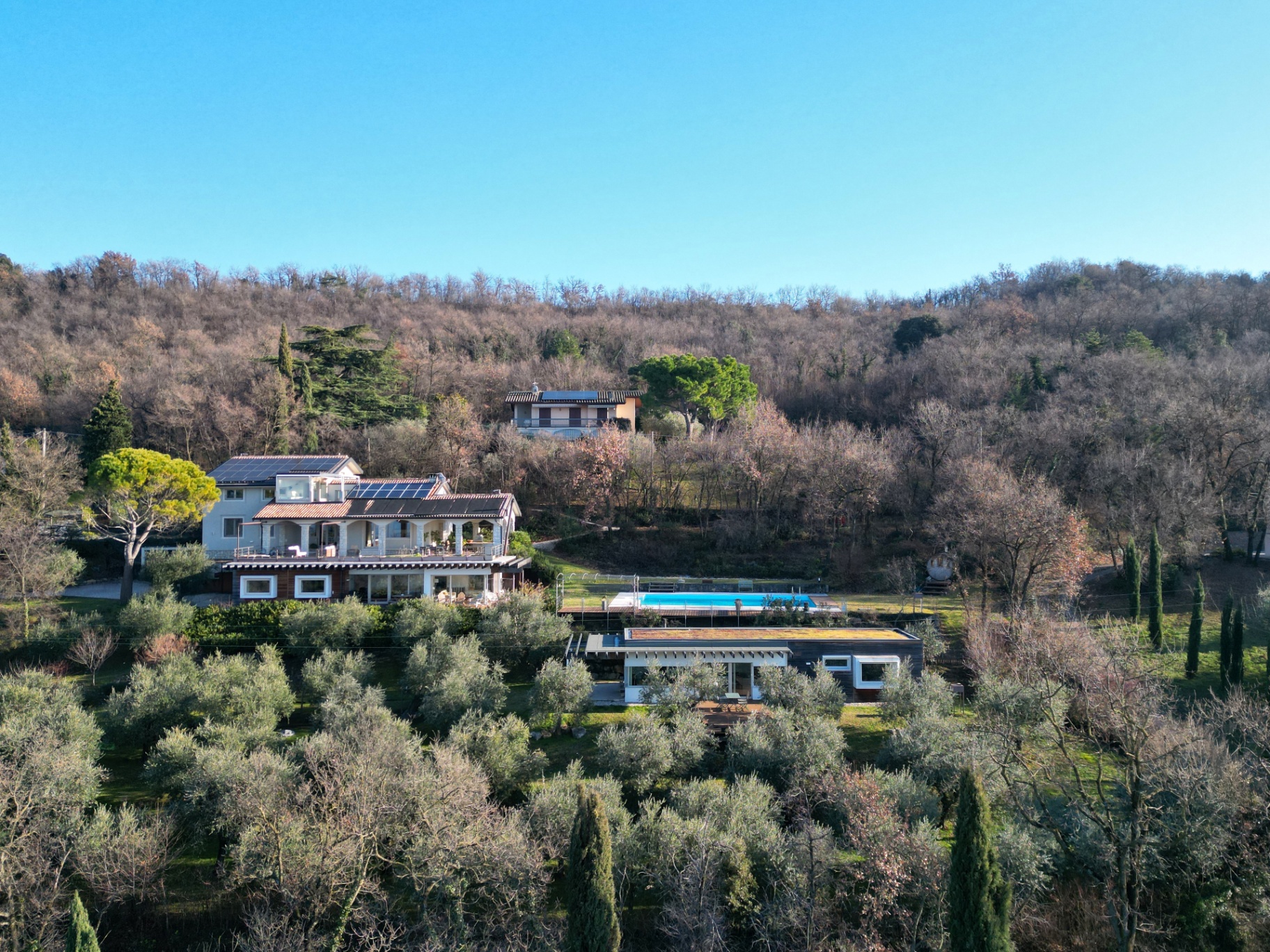 Aerial view of the villa, pool and olive grove in winter light